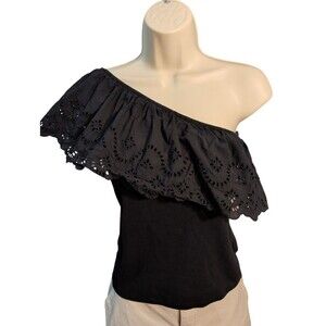 Old Navy Black One Shoulder Eyelet Ruffle Ribbed Top Size L